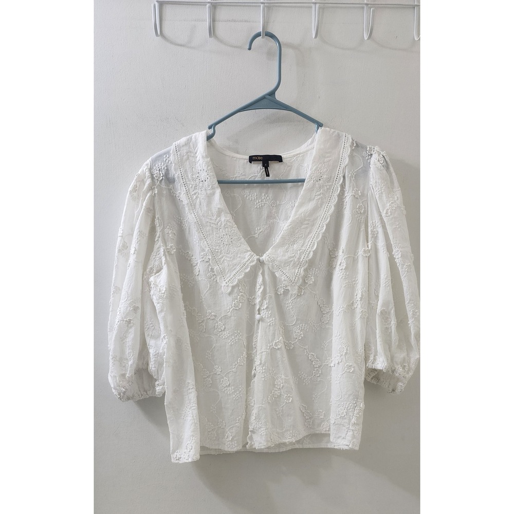 Maje White Eyelet Lace Puff Sleeve Blouse Floral Embroidery MFPCM00320 Size 3